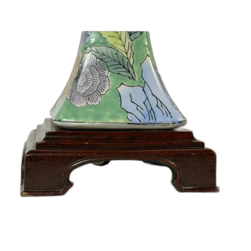 Vintage Green Floral Asian Wood Base Table Lamp Chinoserie TWO AVAIL Candlestick